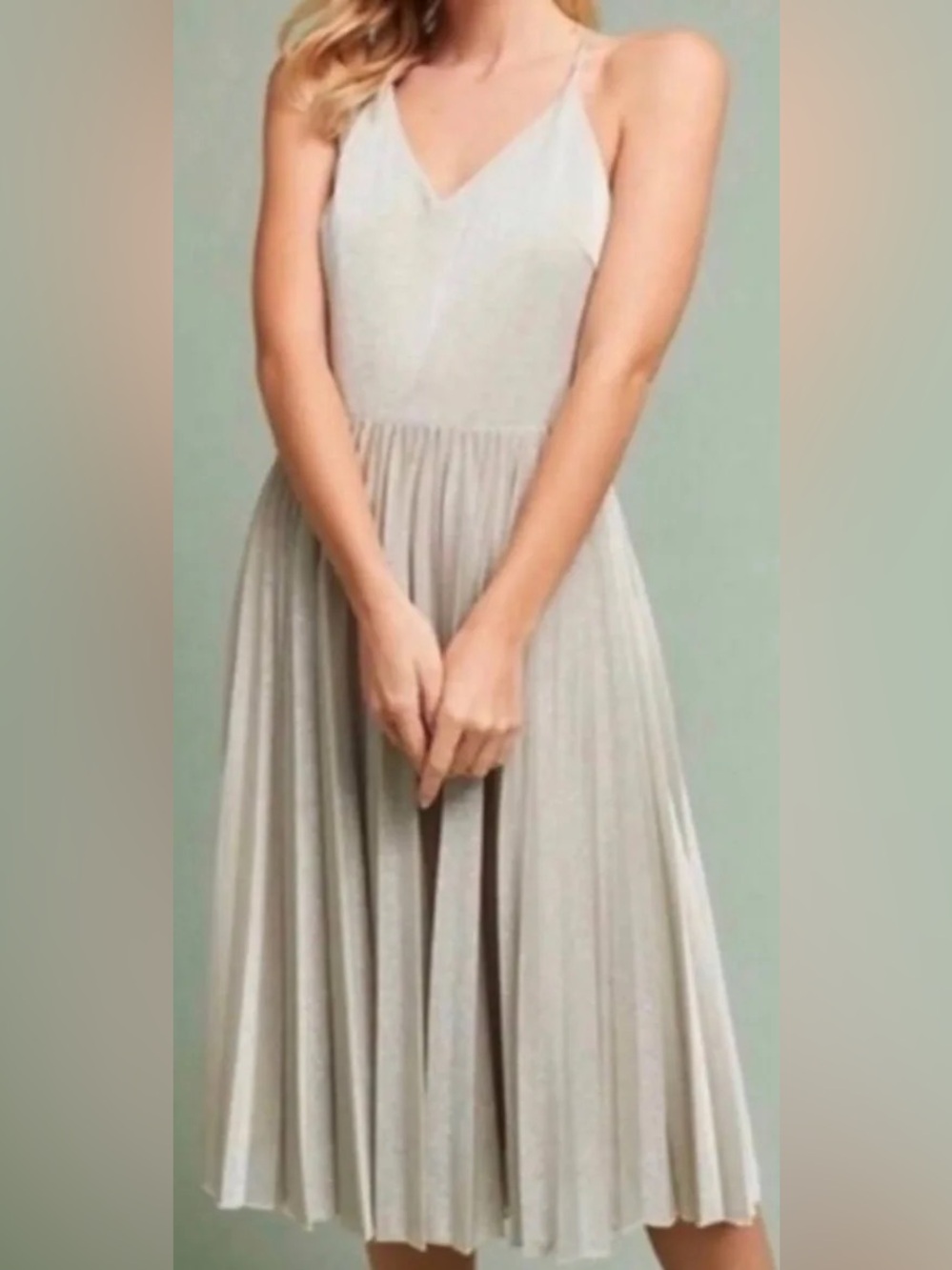Anthropologie Elevenses Lunar Pleated Midi Dress Shimmering Champagne Size 6 EUC - Picture 3 of 13